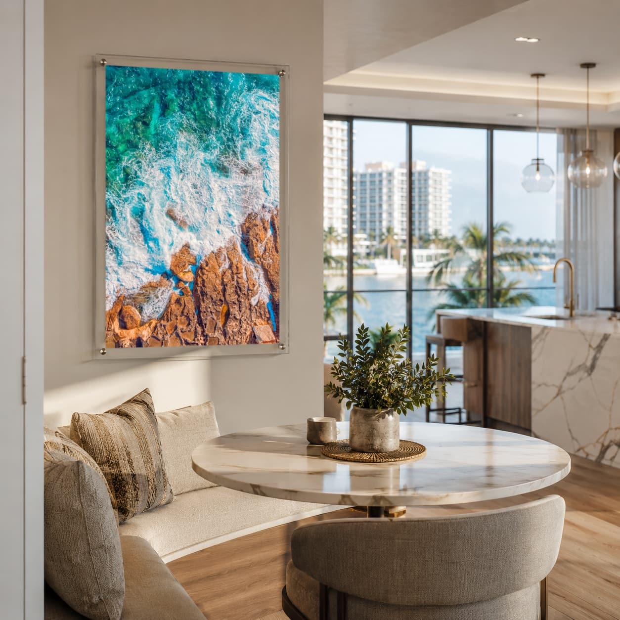 Foam and Fire wall art in a bright coastal living room interior