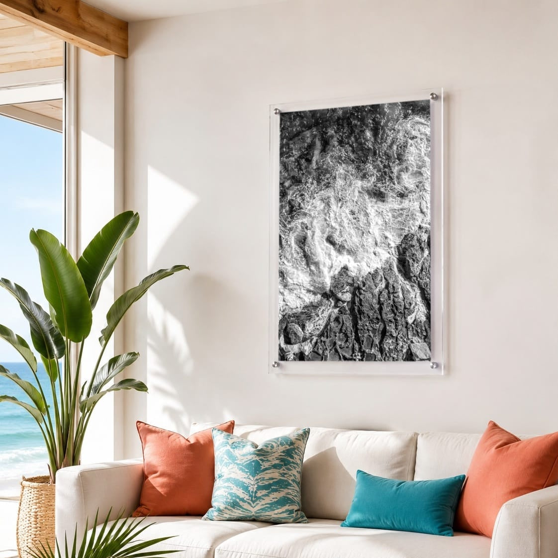 Foam and Fire wall art in a bright coastal living room space with ocean view