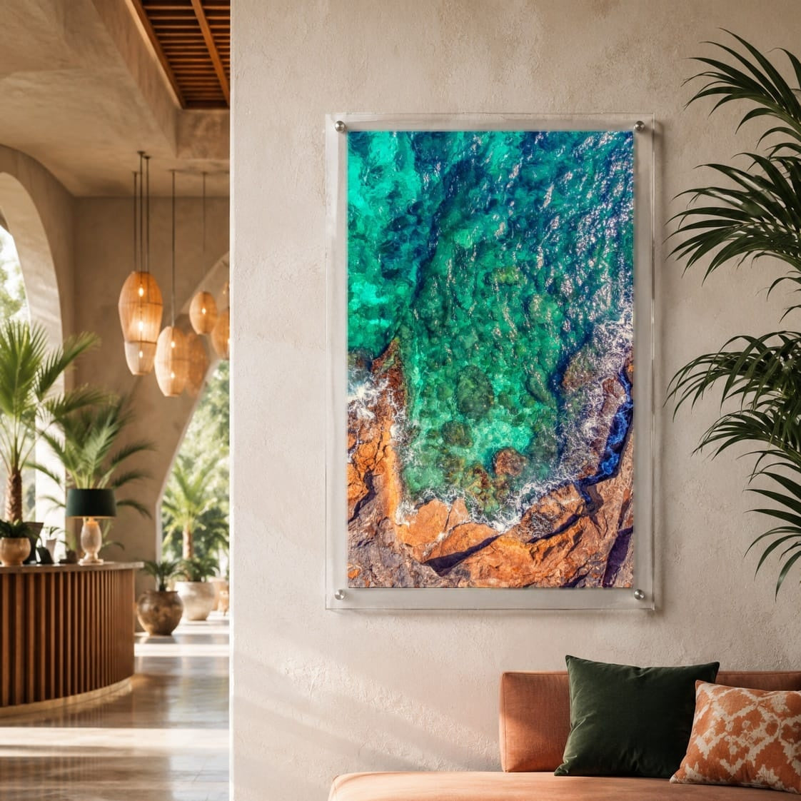 Sea Glass Shore wall art displayed in a bright resort-style hallway