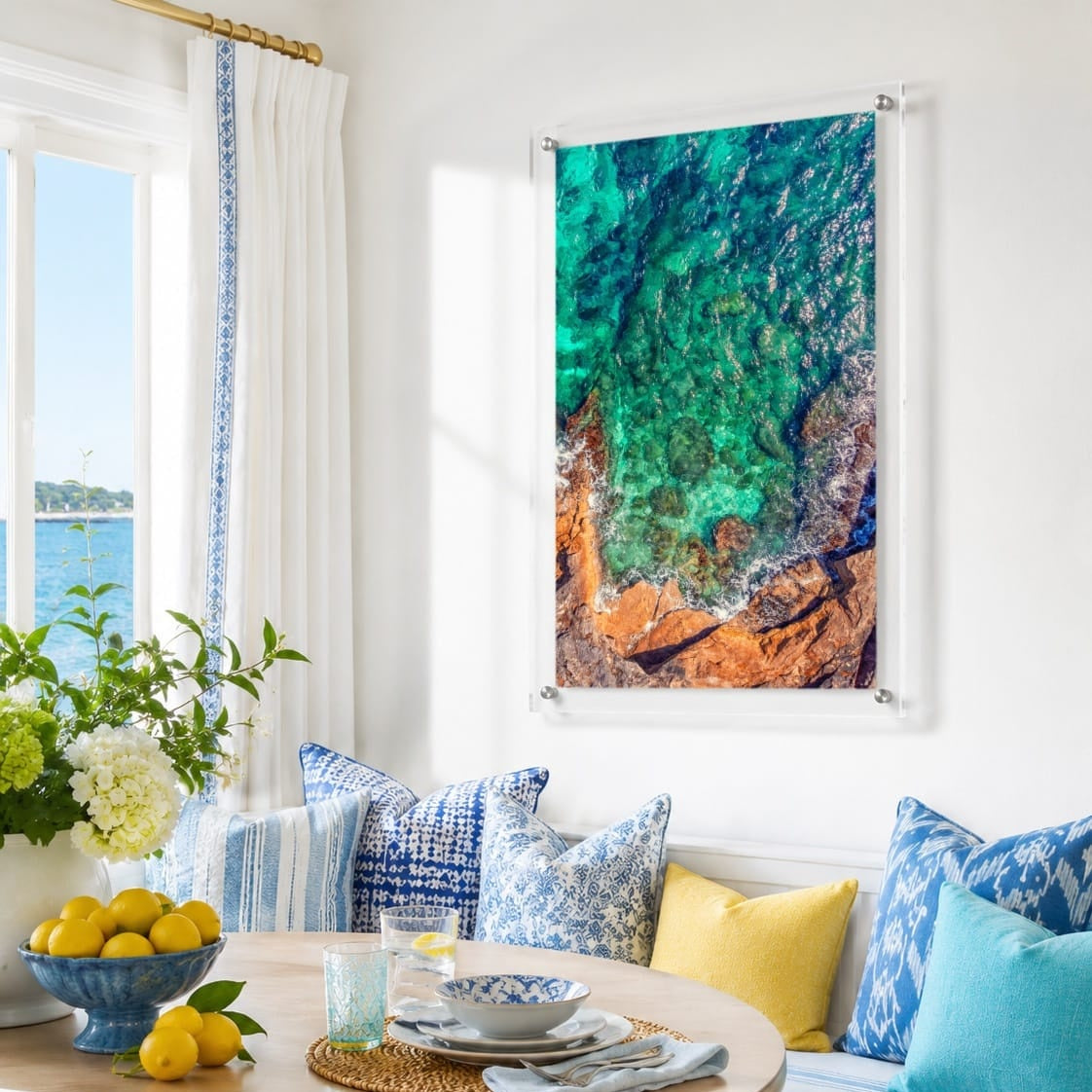 Sea Glass Shore wall art in a coastal breakfast nook space with ocean view