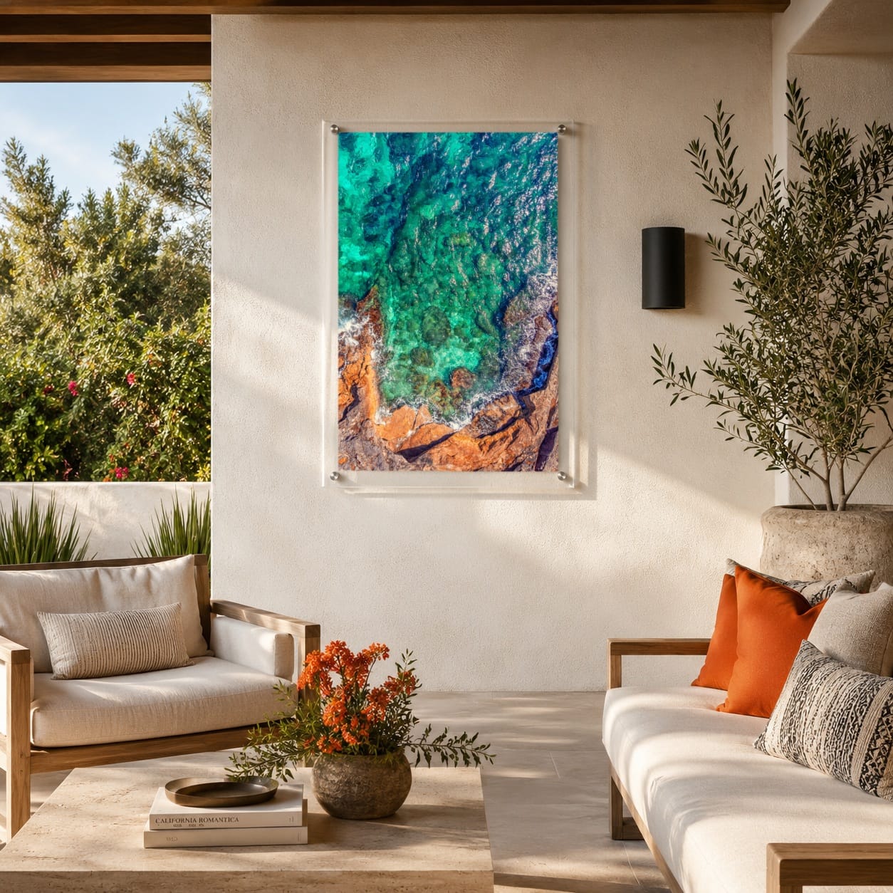 Sea Glass Shore wall art on a Mediterranean patio outdoor with sofa