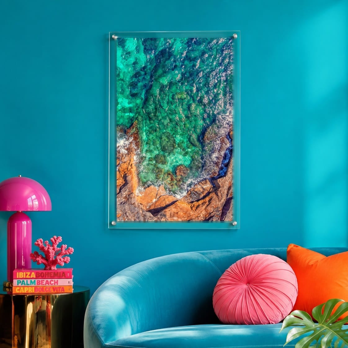 Sea Glass Shore wall art in a colorful vibrant teal living room