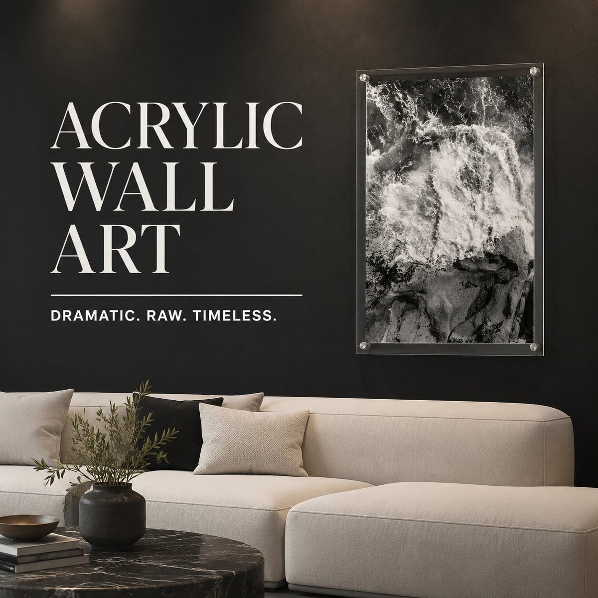Vertical black and white ocean photography acrylic wall art