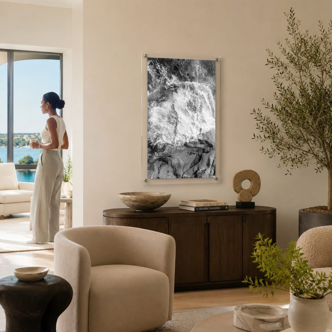 Ocean wave and rocky shoreline wall art set in a modern room