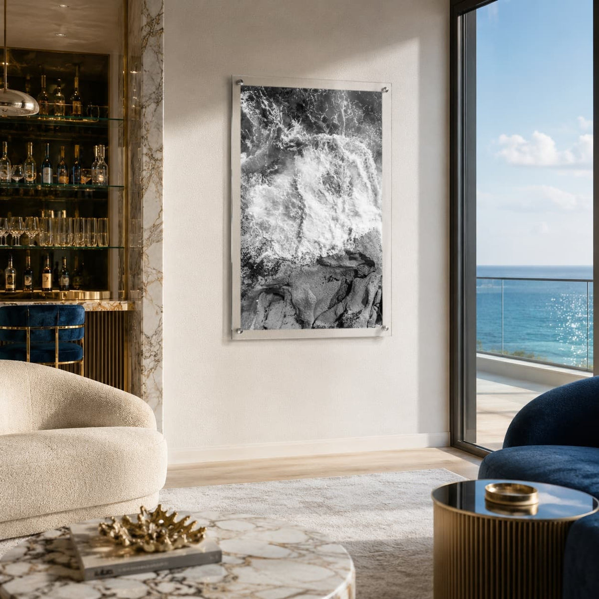 Vertical black and white ocean wall art in a modern home bar interior