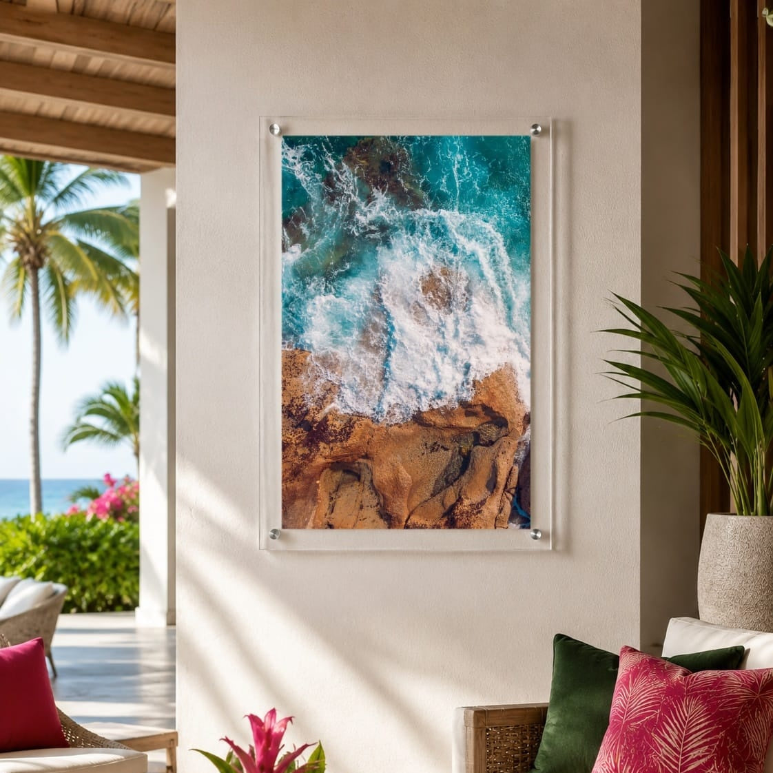 Contemporary ocean photography wall art in blue and neutral tones