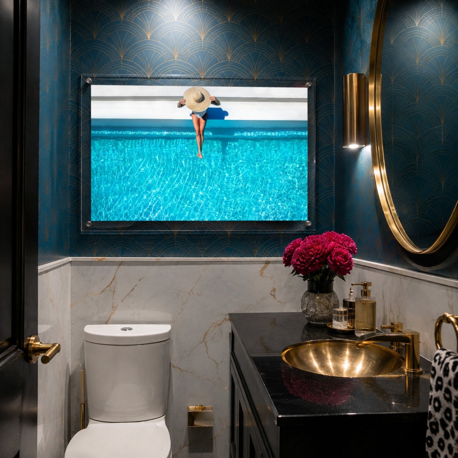 The Temperature Check wall art in a moody art deco powder room