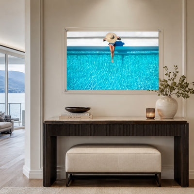 The Temperature Check wall art on a lakeside entryway console table