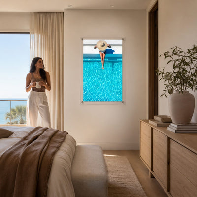 The Temperature Check acrylic wall art in a bright coastal bedroom setting with woman standing