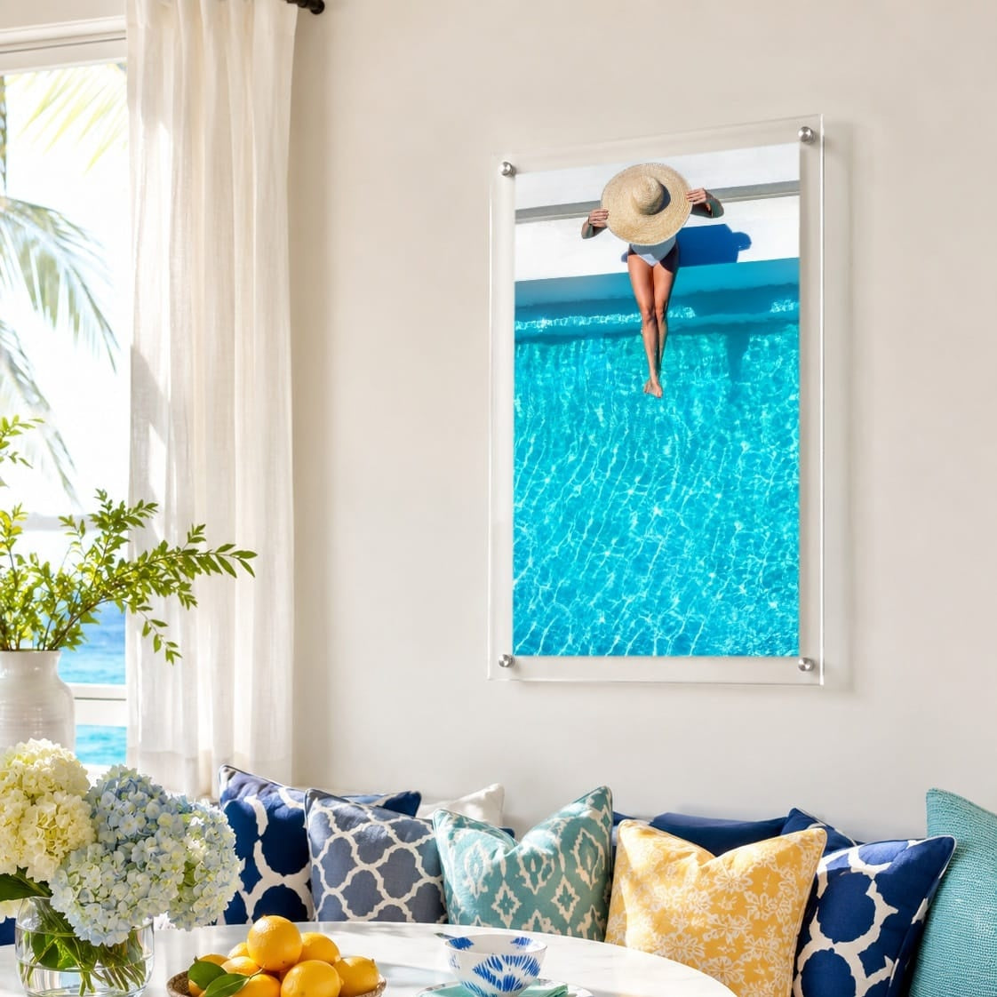 The Temperature Check acrylic art in a breakfast nook with blue accents
