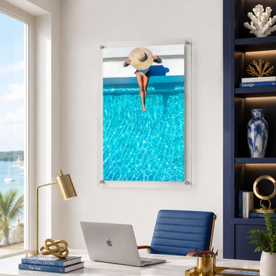 The Temperature Check acrylic wall art in a navy home office set up