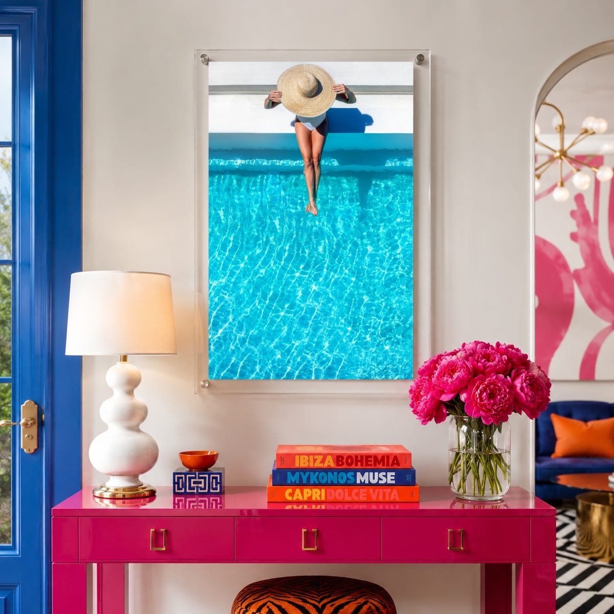 The Temperature Check acrylic wall art in a colorful modern living space