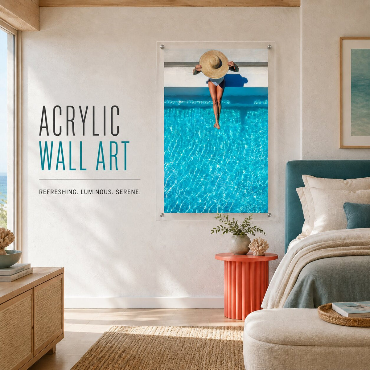 The Temperature Check pool wall art above a bed in a bright modern bedroom with ocean view