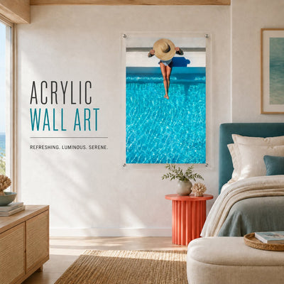 The Temperature Check pool wall art above a bed in a bright modern bedroom with ocean view