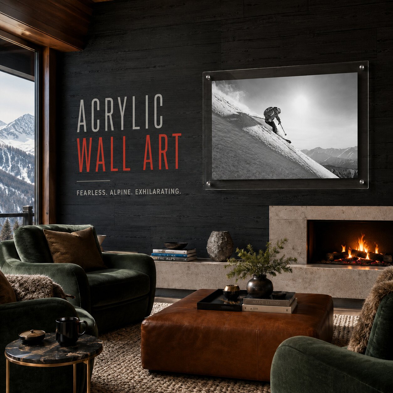 Steep Thrills acrylic wall art displayed above a modern room fireplace