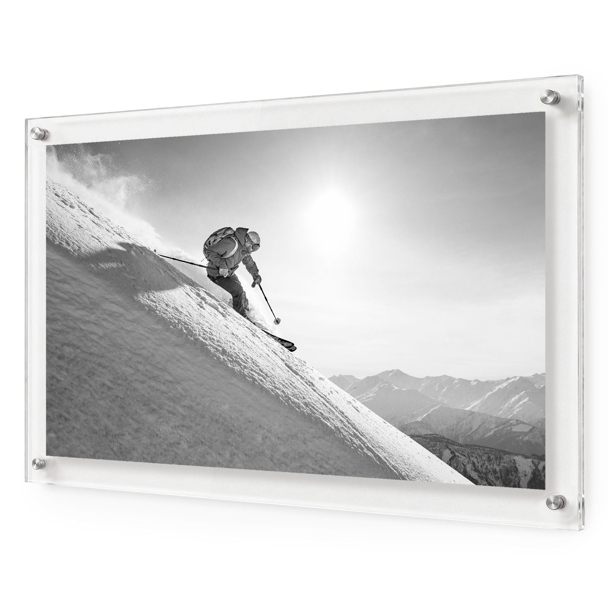 Steep Thrills black-and-white acrylic wall art in 36x24-inch size, framed with white background