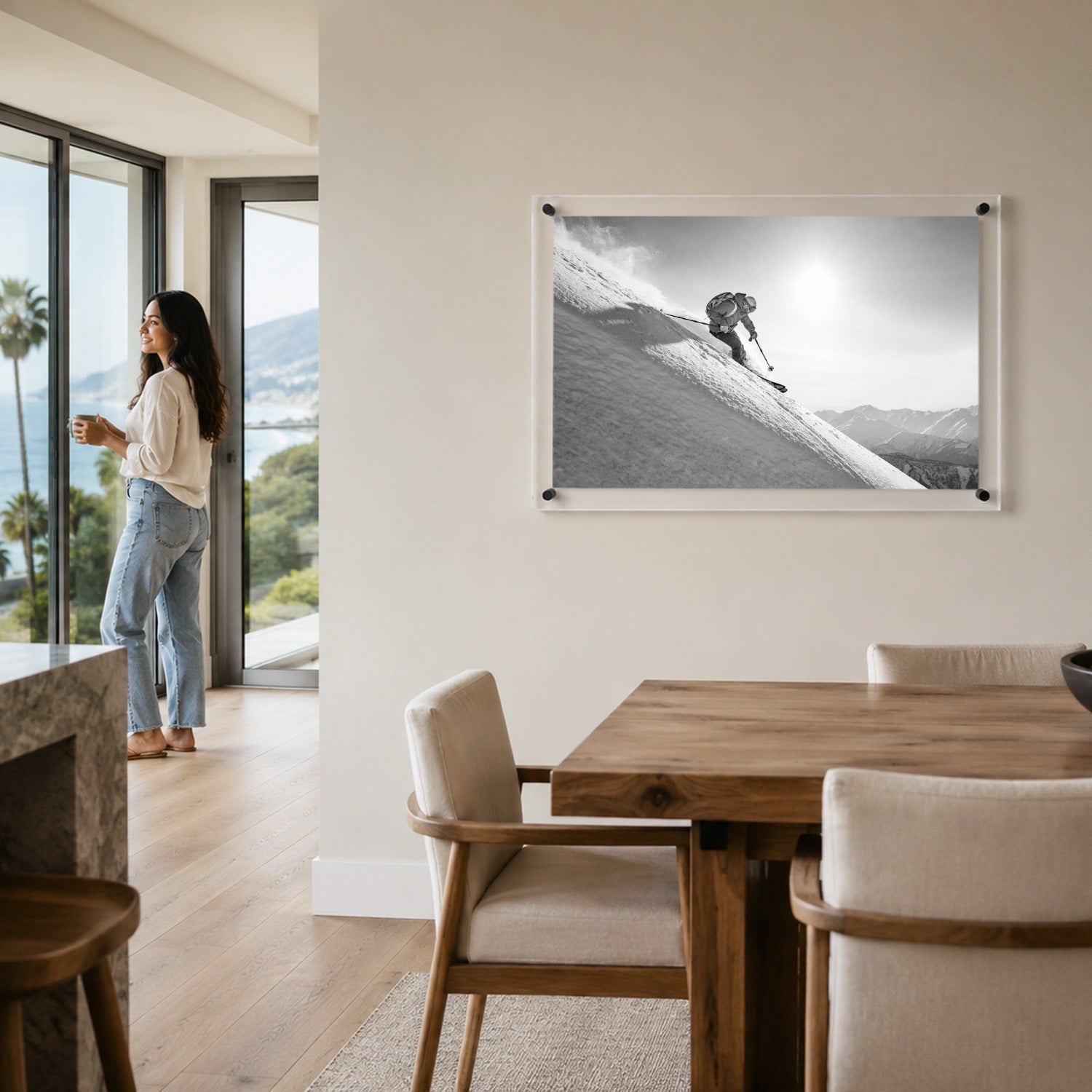 Steep Thrills acrylic wall art in a bright dining room setting with woman standing