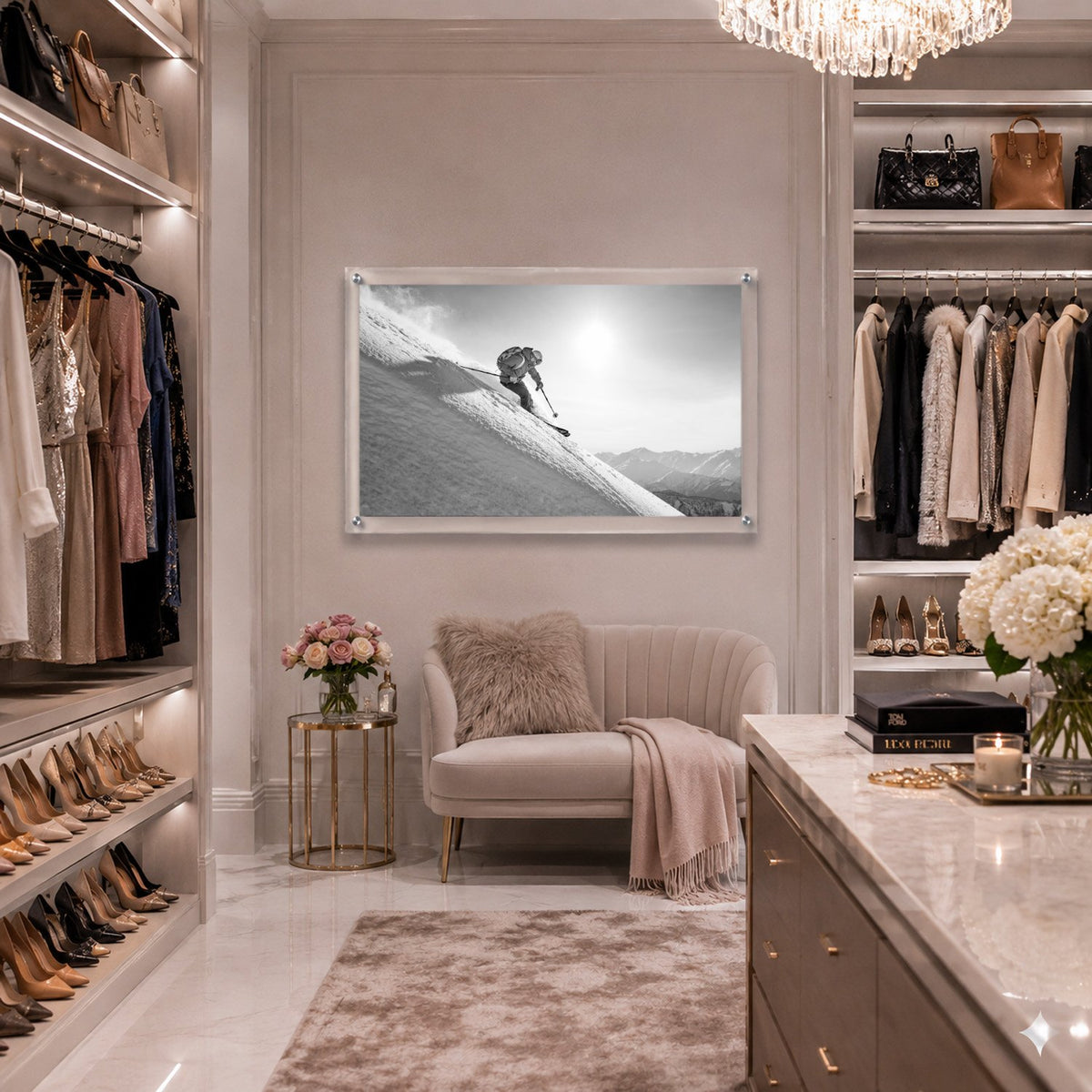Steep Thrills acrylic wall art in an elegant walk-in closet space