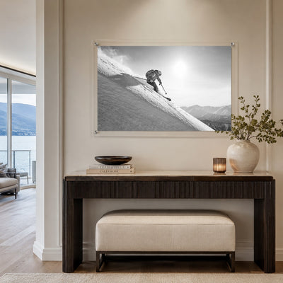 Steep Thrills acrylic wall art displayed above a lakeside entry console 