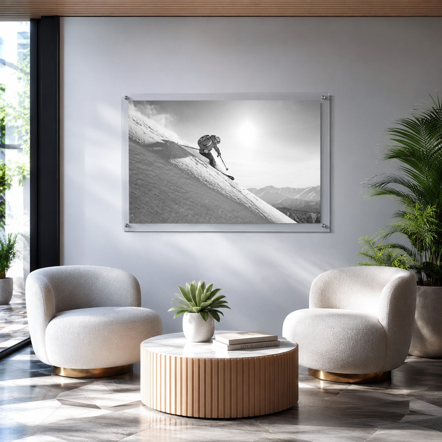 Steep Thrills acrylic wall art in a modern lounge chairs with a sunlight 