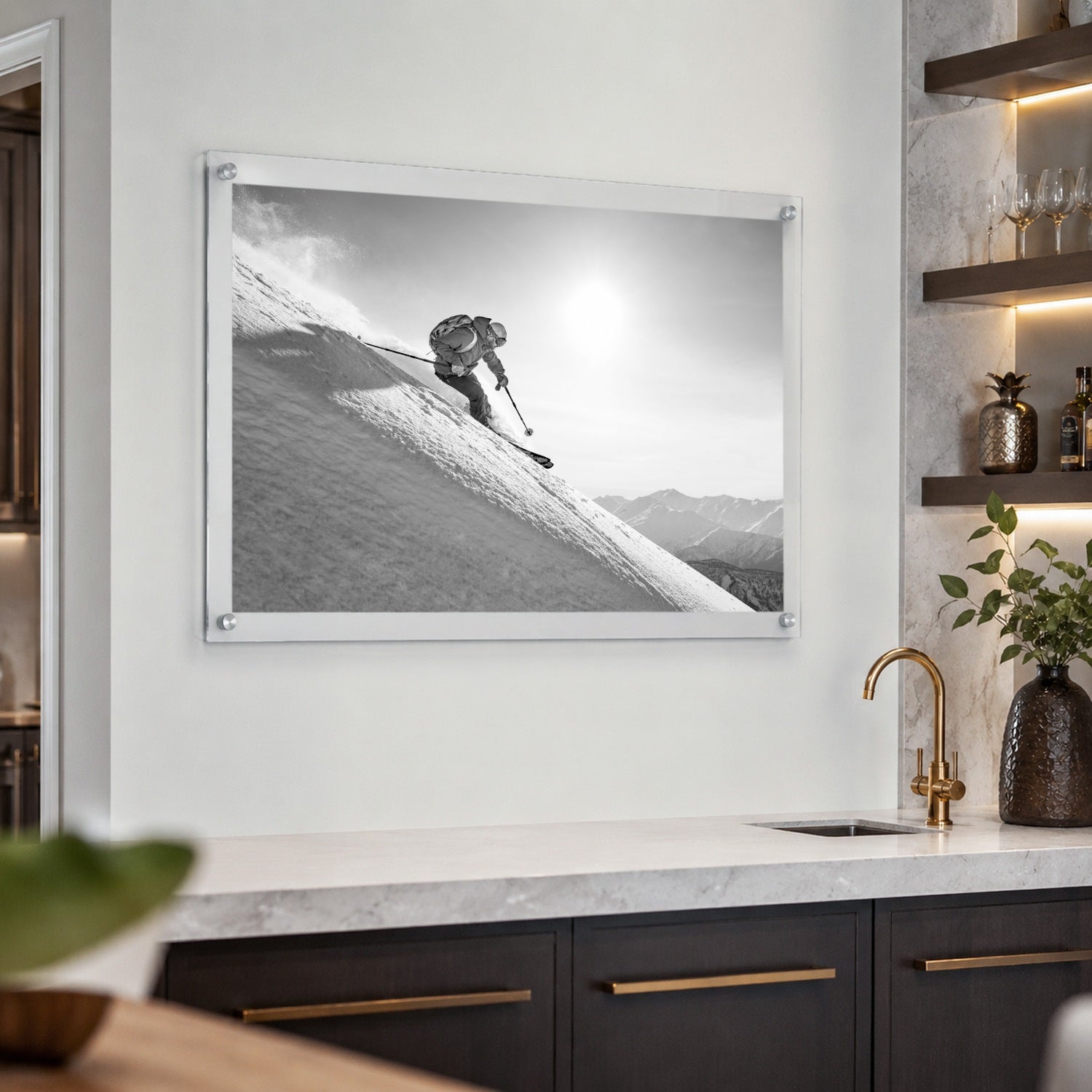 Steep Thrills acrylic wall art displayed above a white kitchen wet bar
