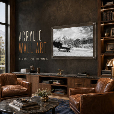 Where Adventure Begins acrylic wall art in a rustic mountain lodge scene