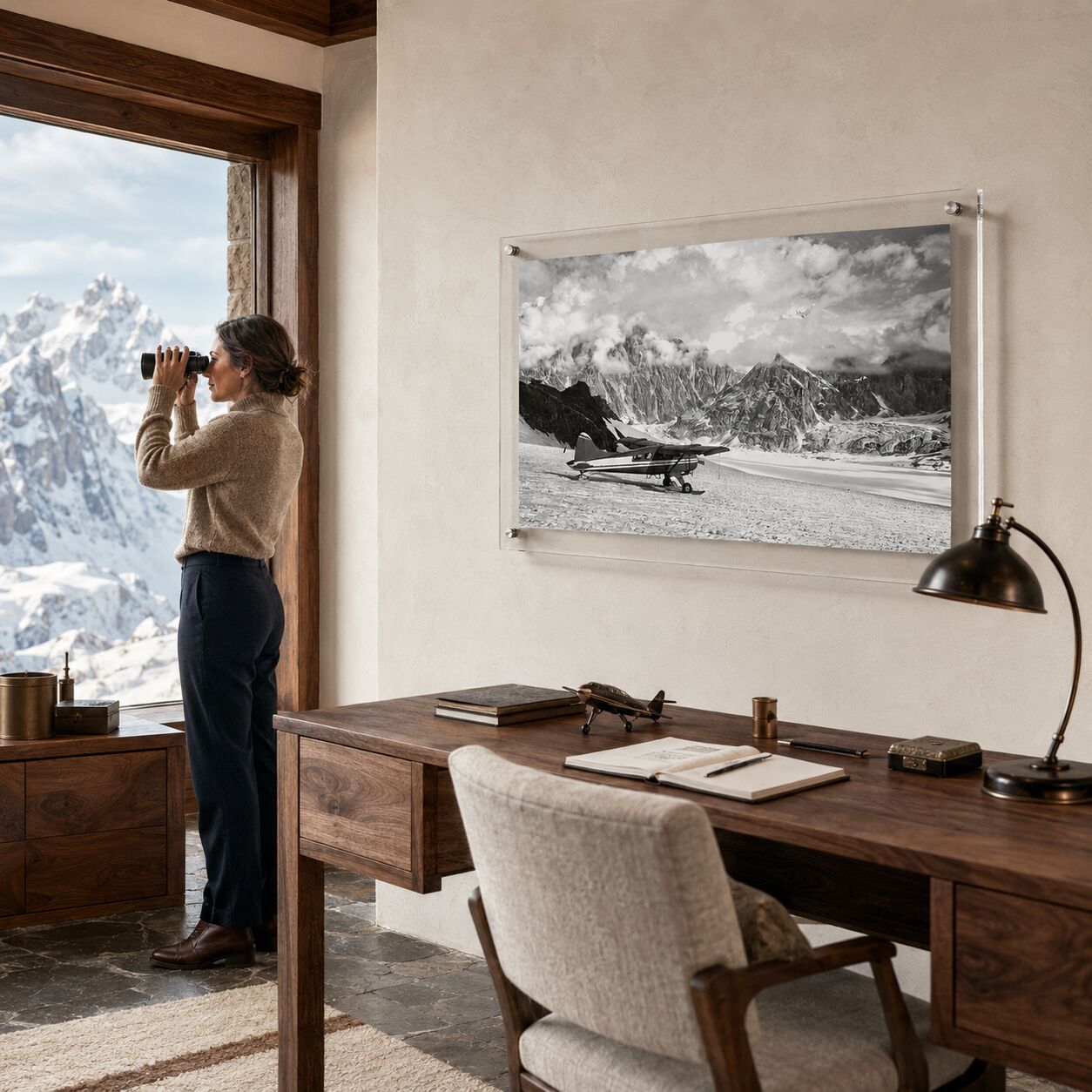 Where Adventure Begins acrylic wall art shown in a stylish home office with woman looking afar