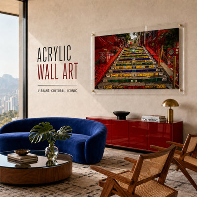 Stairway to Rio acrylic wall art displayed in a blue velvet sofa living room
