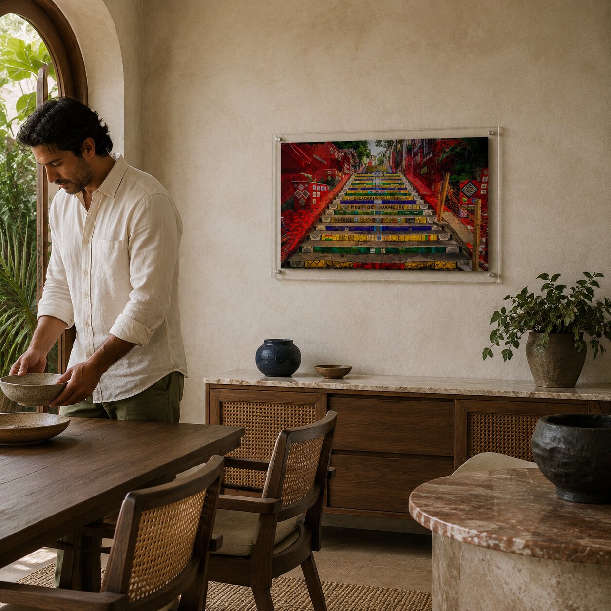 Stairway to Rio acrylic wall art in an elegant dining room scene with man setting the table