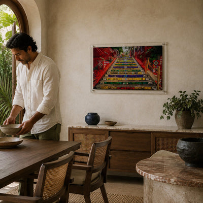 Stairway to Rio acrylic wall art in an elegant dining room scene with man setting the table
