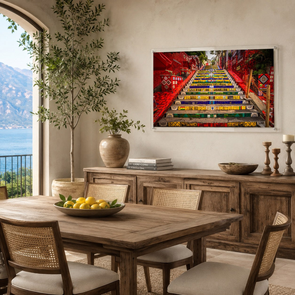 Stairway to Rio acrylic wall art in an Italian dining room with lake ocean view