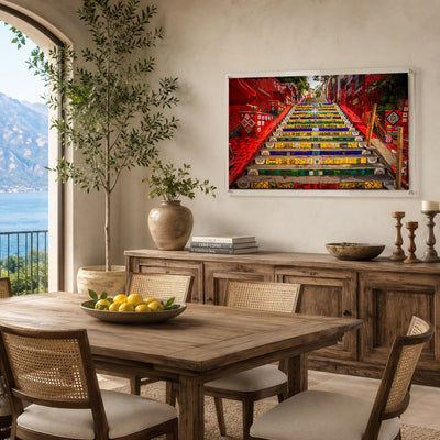 Stairway to Rio acrylic wall art in an Italian dining room with lake ocean view