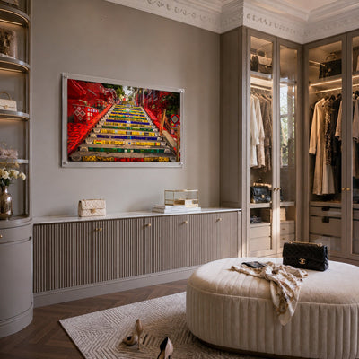 Stairway to Rio acrylic wall art displayed in an elegant dressing room