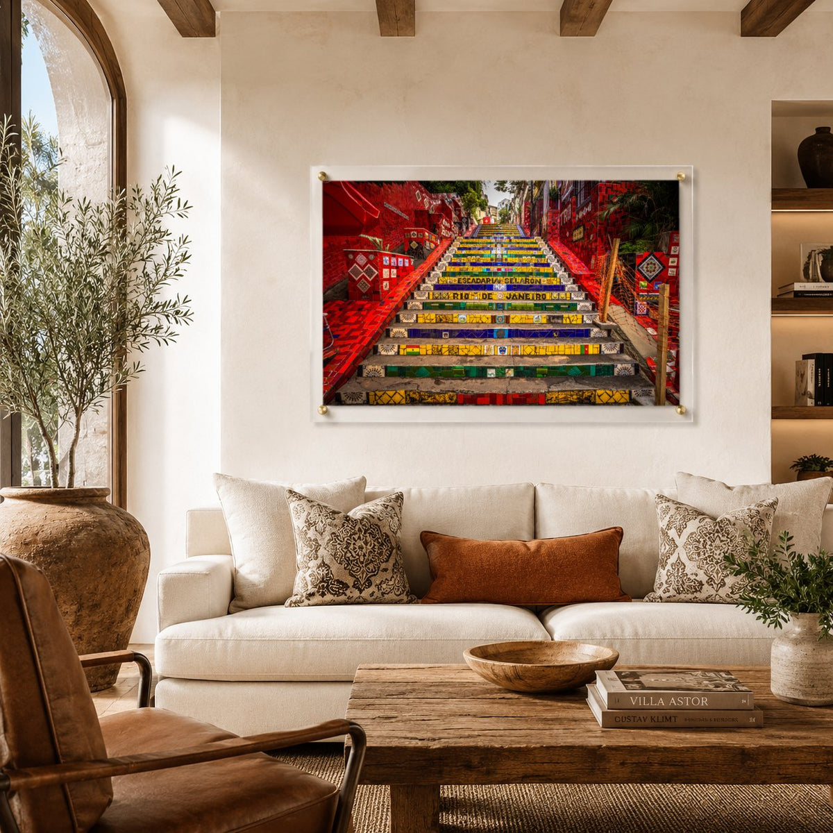 Stairway to Rio acrylic wall art in a Tuscan living room setting
