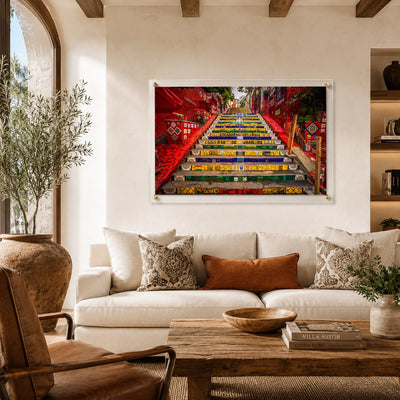 Stairway to Rio acrylic wall art in a Tuscan living room setting