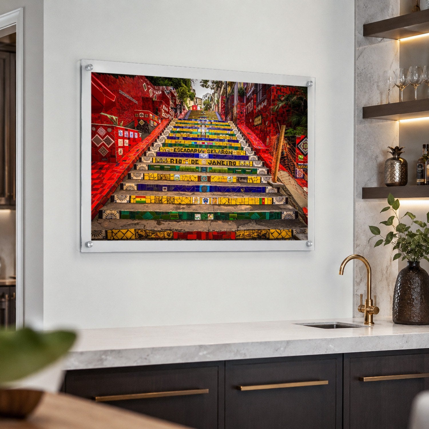 Stairway to Rio acrylic wall art displayed above a white kitchen wet bar