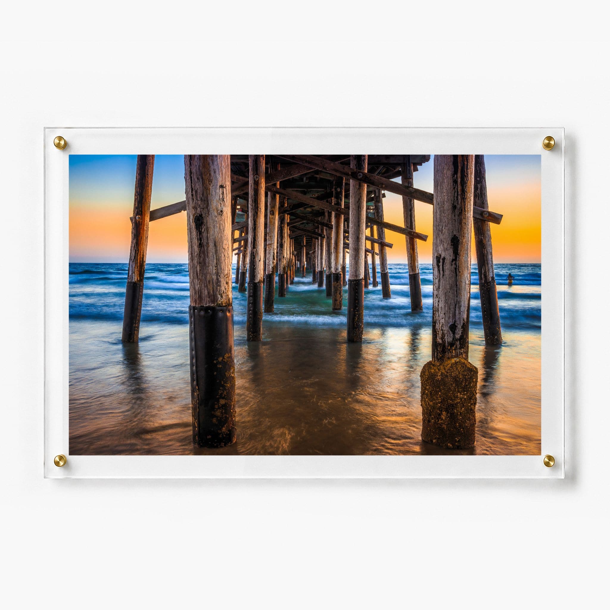 Pier Pressure acrylic wall art shown in a 36x24-inch size, framed