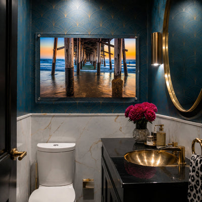 Pier Pressure acrylic wall art in an art deco powder toilet room setting