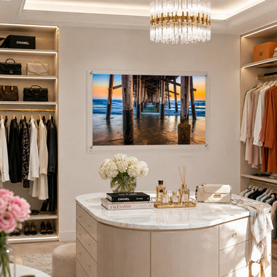 Pier Pressure acrylic wall art in a closet with marble island