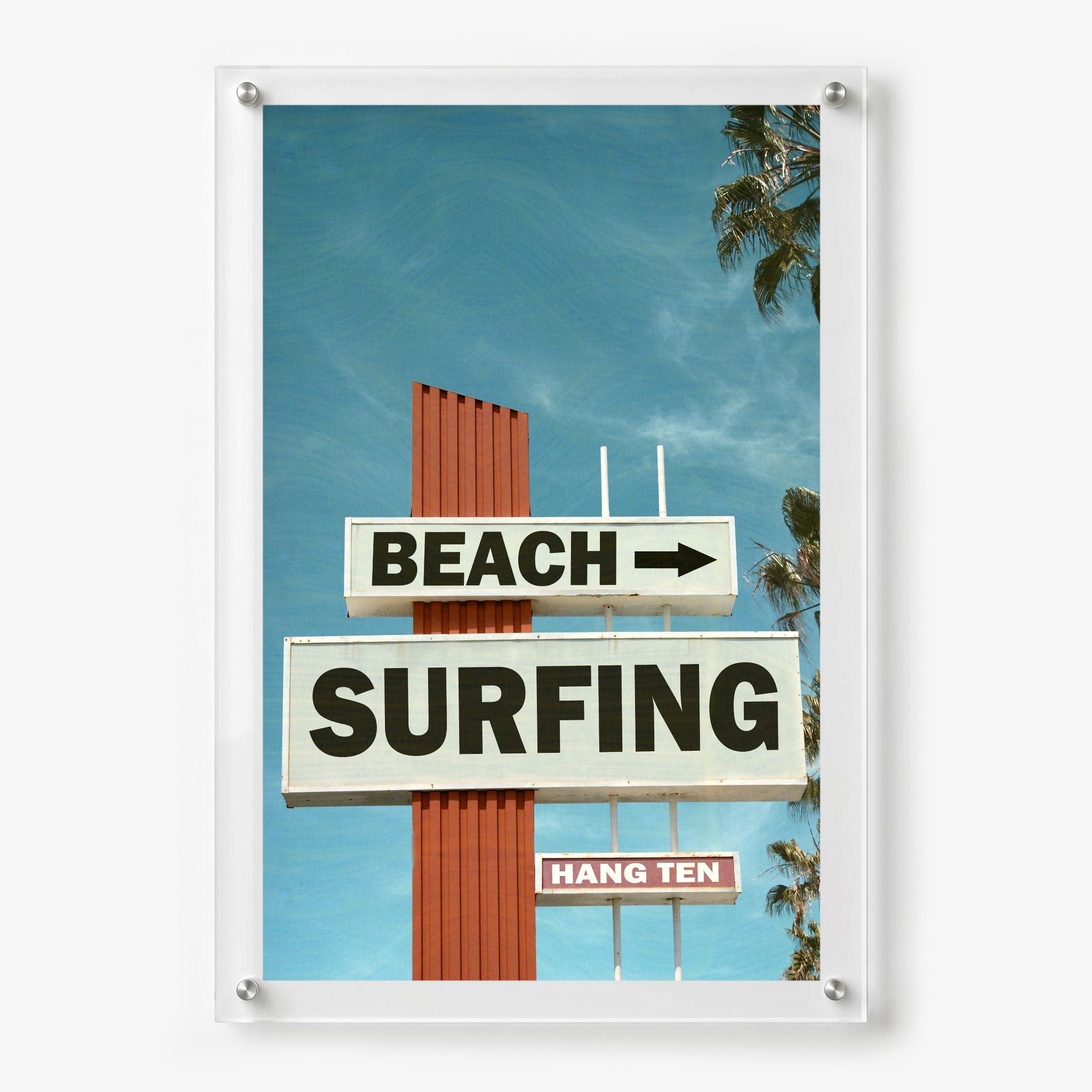 Next Stop Surf acrylic wall art with Beach Surfing signs, 24x36 size shown