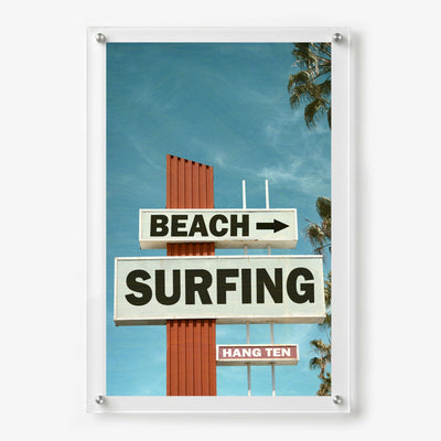 Next Stop Surf acrylic wall art with Beach Surfing signs, 24x36 size shown