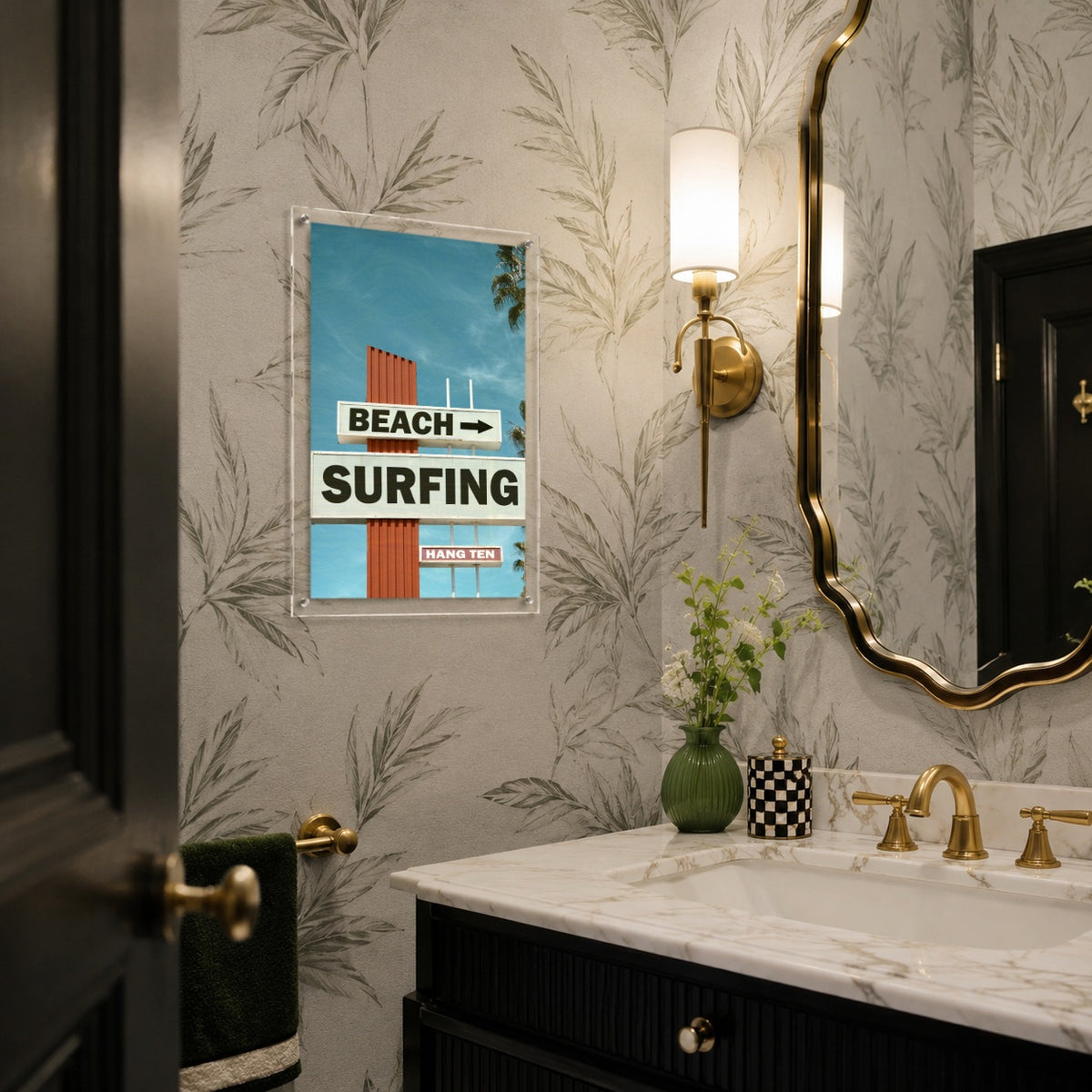 Next Stop Surf acrylic wall art in a vertical entryway setting with mirror