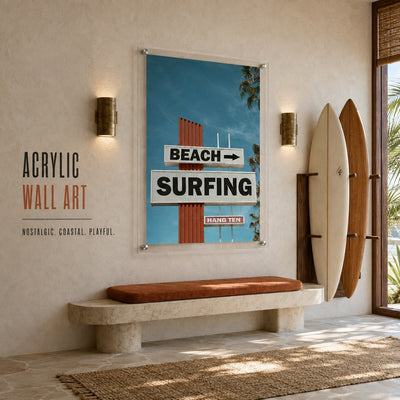 Next Stop Surf acrylic wall art in a coastal bench entryway scene