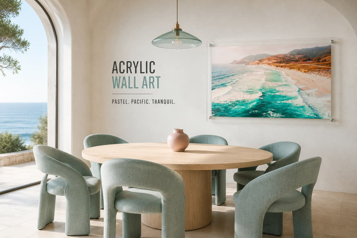 Pacific Pastels acrylic wall art in a bright coastal dining room with ocean view scene