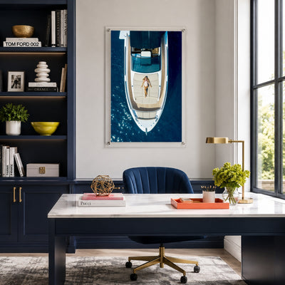 First Class Afloat acrylic wall art displayed in a navy home office scene