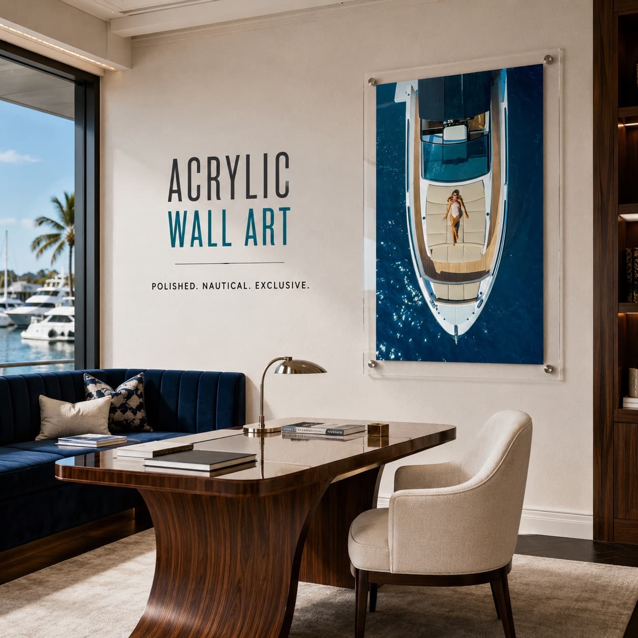 First Class Afloat acrylic wall art displayed above a modern office desk with ocean view