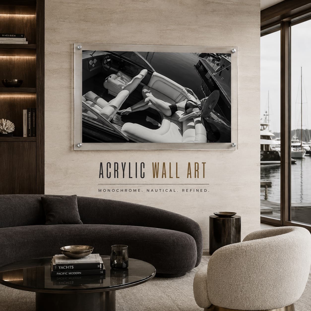 Sea La Vie BW acrylic wall art hung inside a stylish modern living room