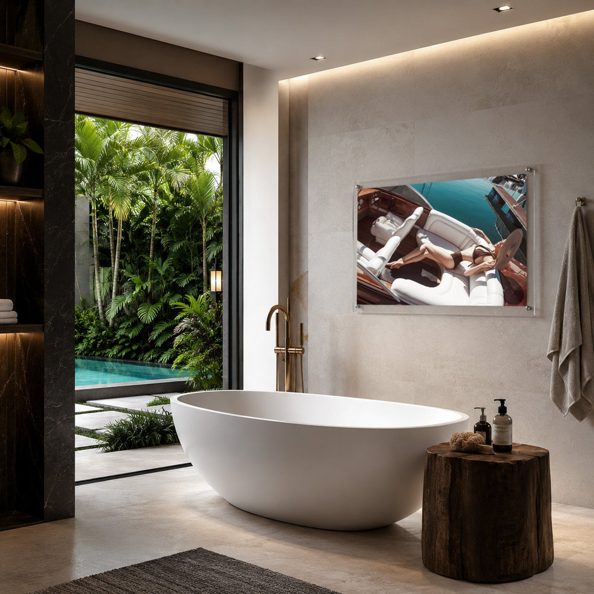 Sea La Vie color acrylic wall art in a tropical bathroom space with an entryway to swimming pool