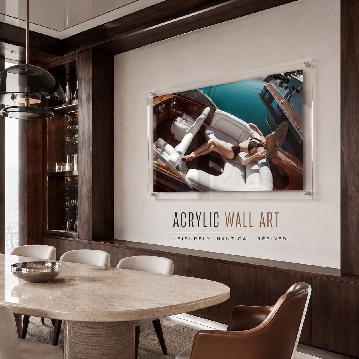 Sea La Vie acrylic wall art in a stylish dining room interior with high ceiling