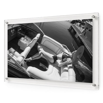 Sea La Vie BW acrylic wall art shown from an angled perspective with white background